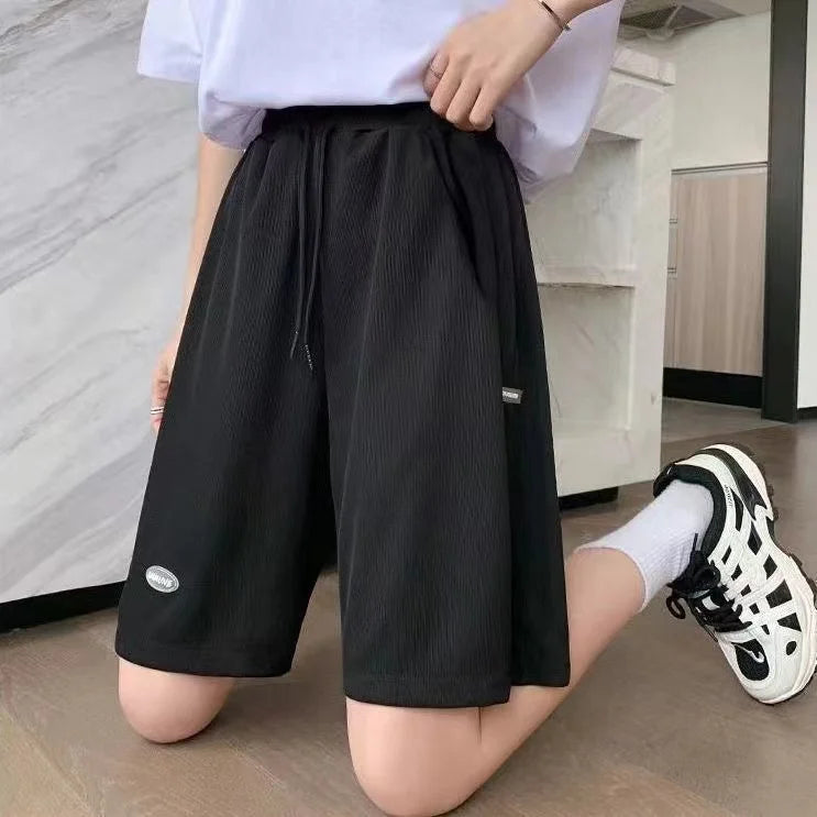 High Waist Ice Silk Sports orts Women's 2024 New Summer Loose Casual Wide Leg Pants Five-Quarter Length Korean Sle