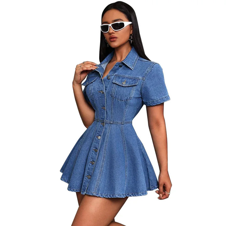 Women's Short-Sleeve Button-Front A-Line Dress – Elegant Everyday