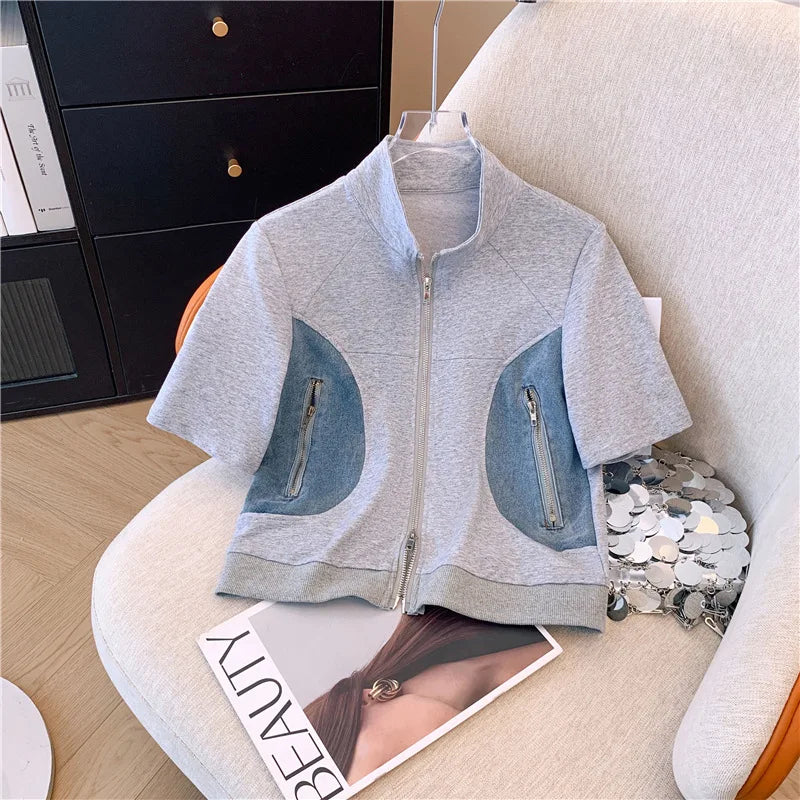 Women's Two-Piece Set: Stitched Zipper T-Shirt and Jeans