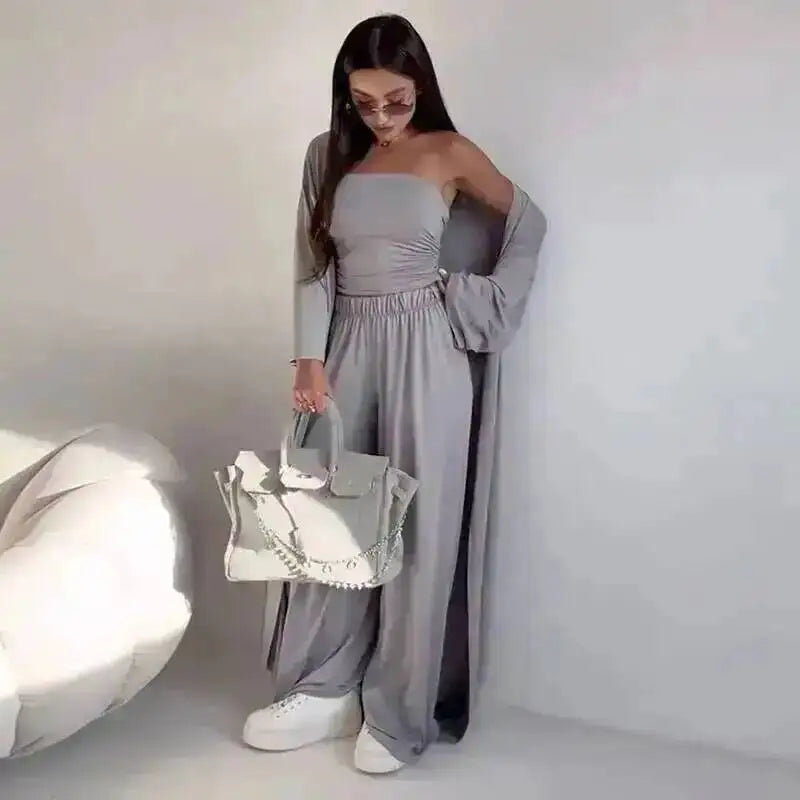 LGRQ Women's 3-Piece Set: Strapless Vest, Long Cardigan and Wide-Leg Pants