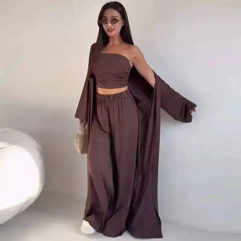 LGRQ Women's 3-Piece Set: Strapless Vest, Long Cardigan and Wide-Leg Pants