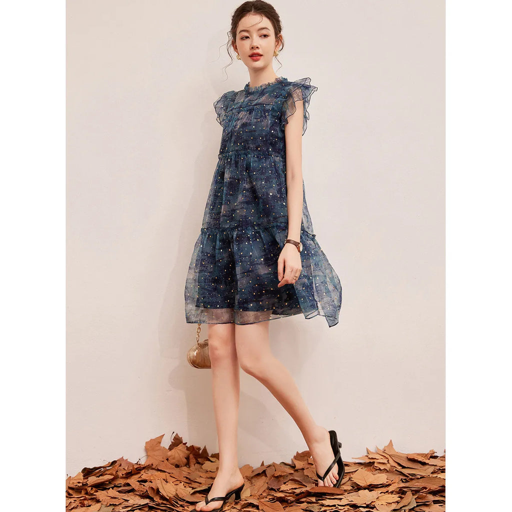 LOUIS YAO Women's Sparkling Mushroom Edge Dress with Flying Sleeves