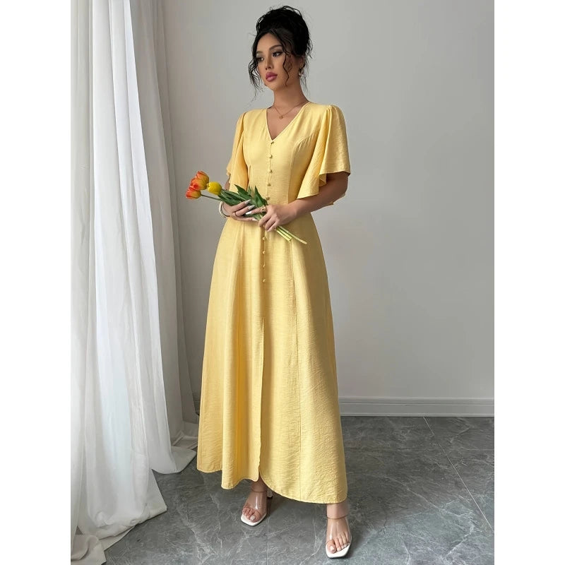Women's Short Sleeve V-Neck Single Breasted Split Midi Dress