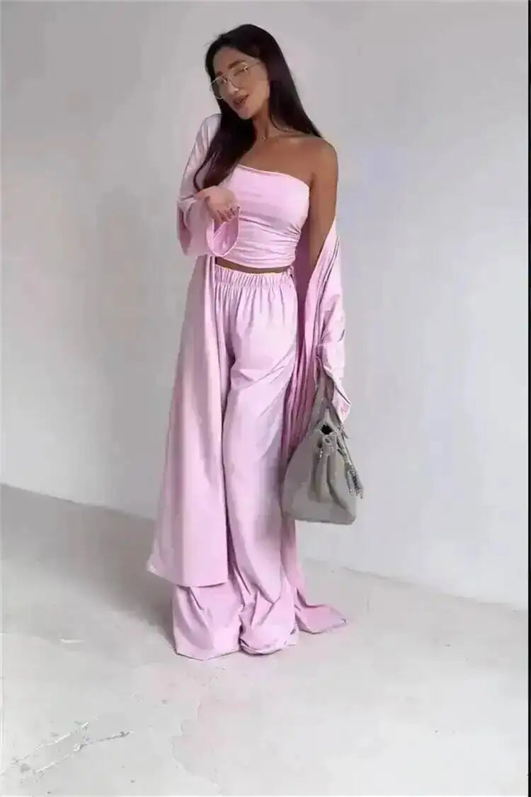 LGRQ Women's 3-Piece Set: Strapless Vest, Long Cardigan and Wide-Leg Pants