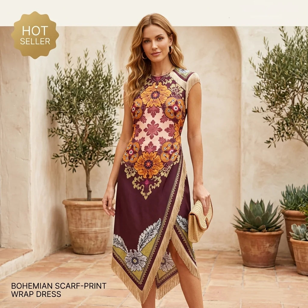 Vintage Bohemian Scarf Print Sleeveless Midi Dress with Fringe Hem