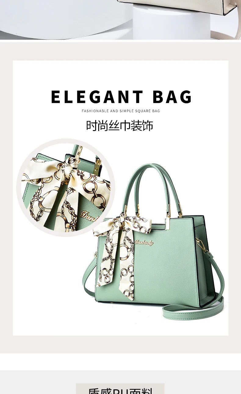 Women's Small Square Shoulder Bag with Silk Scarf Pendant