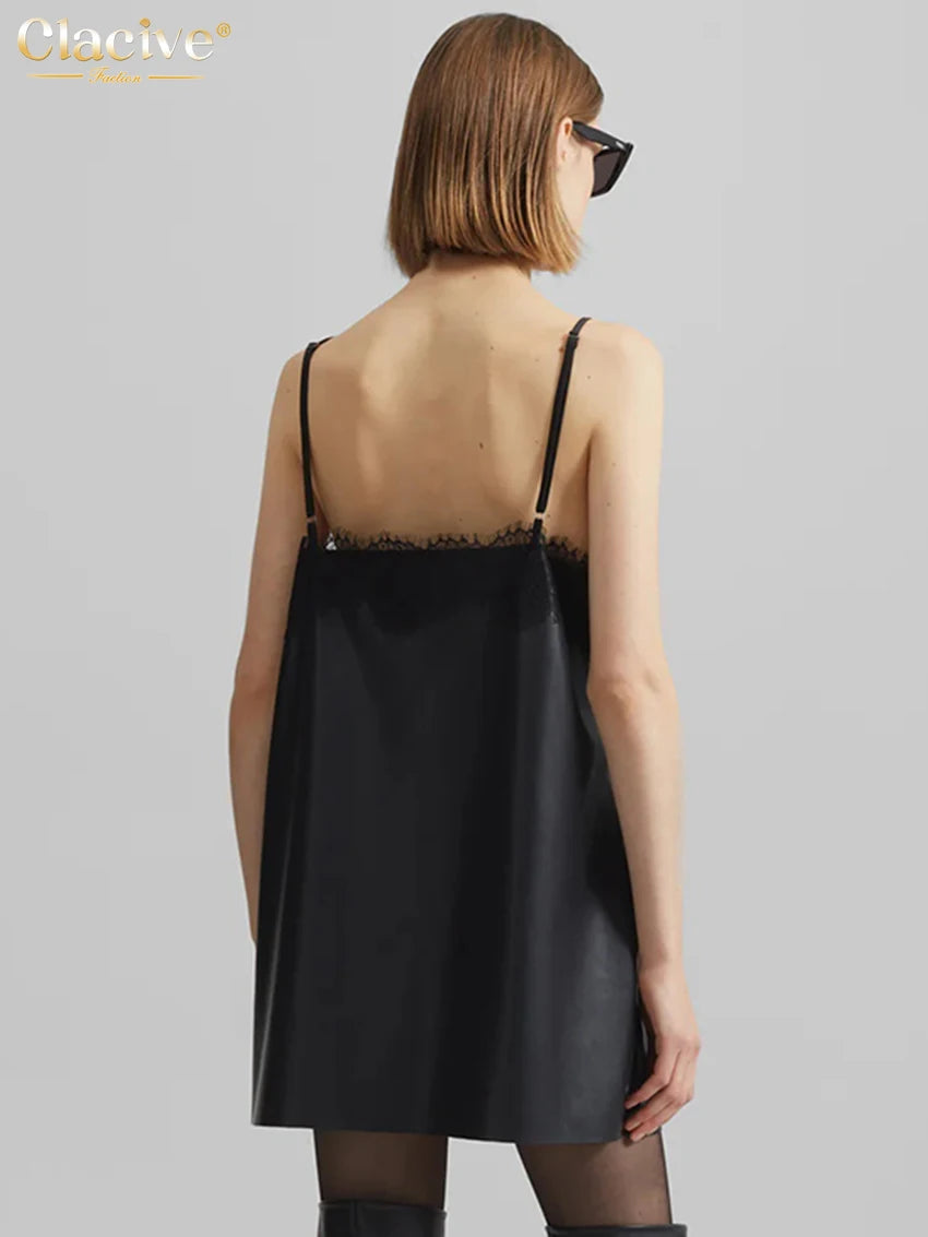 Clacive Black PU Leather Lace Spliced Mini Dress