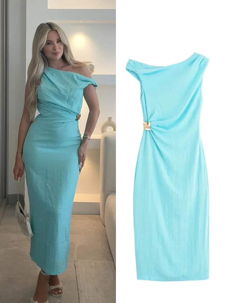 HH Woman's Summer Sexy Fashion Long Dress Solid Sleeveless Asymmetry Dresses Female Holiday Style Slit Slim Chic Dress