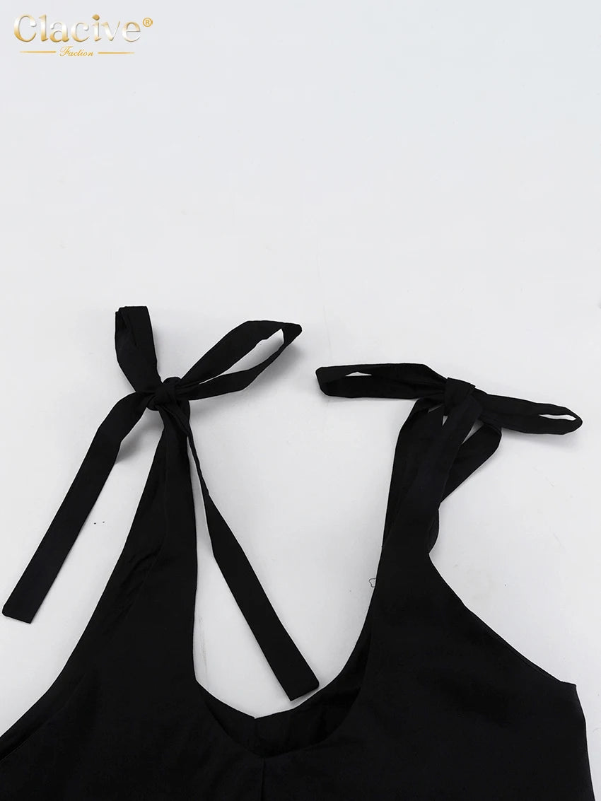 Clacive V-Neck Sleeveless Black Linen Maxi Dress