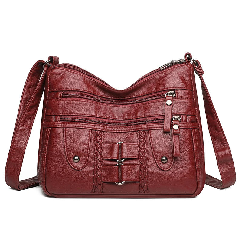 Retro Multi-Pocket Synthetic Leather Crossbody Bag with Adjustable Strap