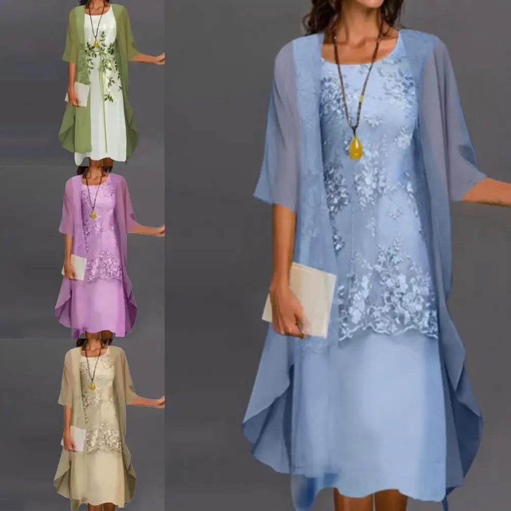 2pcs/Set Spring Summer Dress Women Formal Loose Cardigan Floral Print Large Hem Elegant Chiffon Dress Set Party