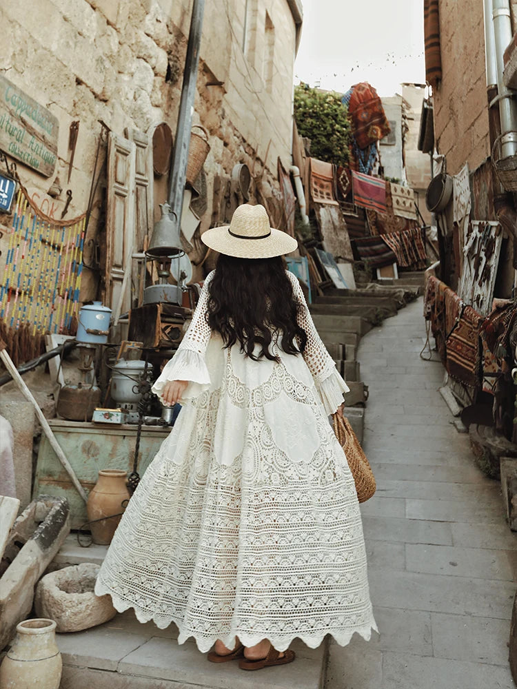 Women Dresses Full Flare Sleevev Beige Loose Ladies Clothing.