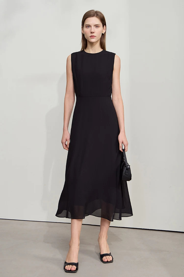 Amii Minimalist Sleeveless O-Neck Slim Midi Dress