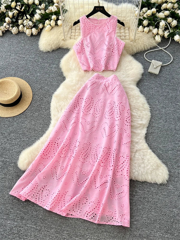 SINGREINY Women's Vintage Hook Flower Hollow Top and Long Skirt Set