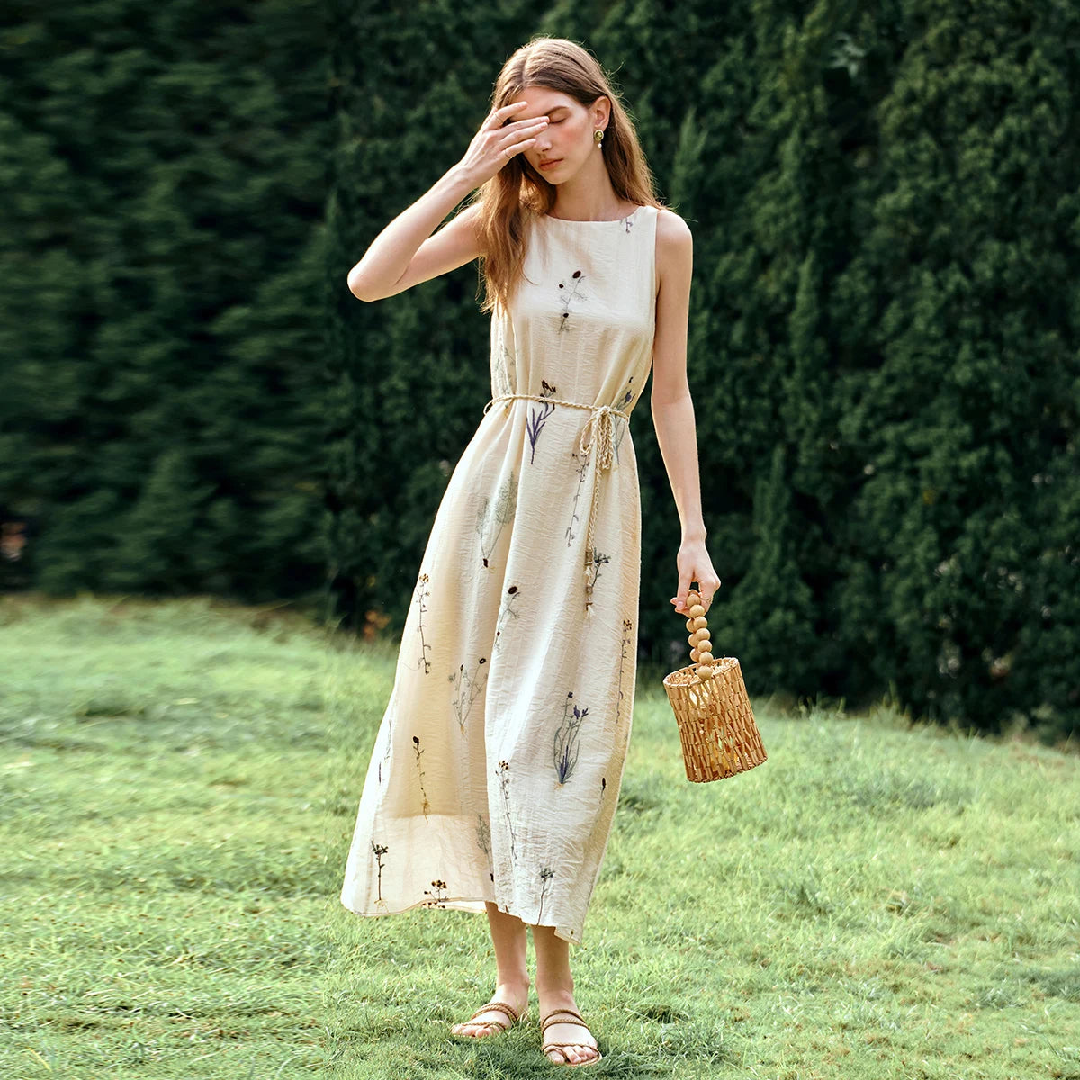 OLrain Women's Sleeveless Slash Neck Floral A-Line Maxi Dress
