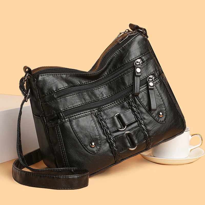 Retro Multi-Pocket Synthetic Leather Crossbody Bag with Adjustable Strap