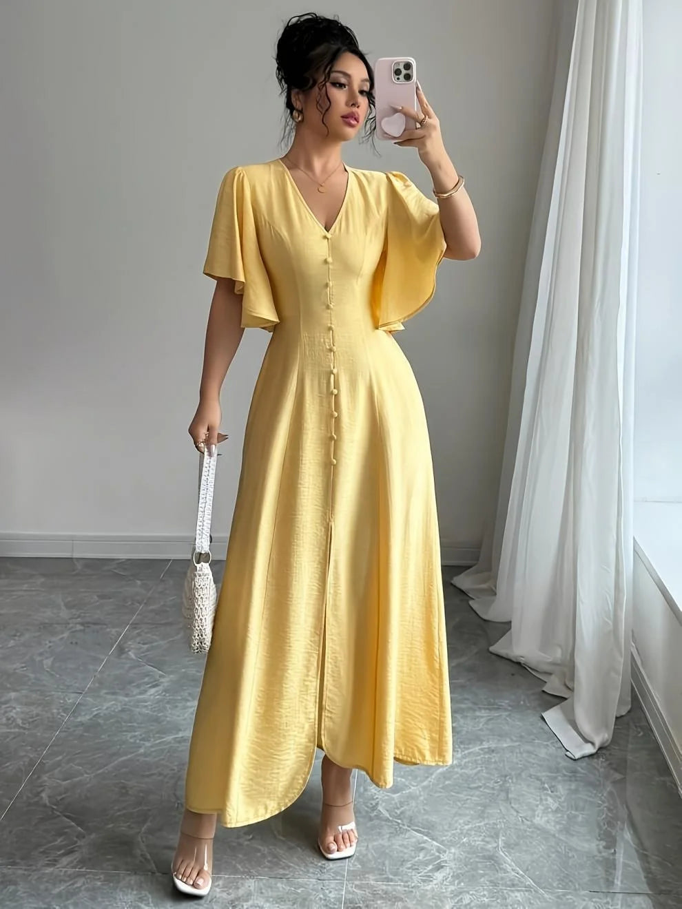Women's Short Sleeve V-Neck Single Breasted Split Midi Dress