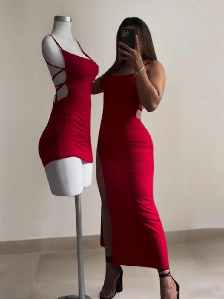 Women's Red & Black Halter Bodycon Midi Dress