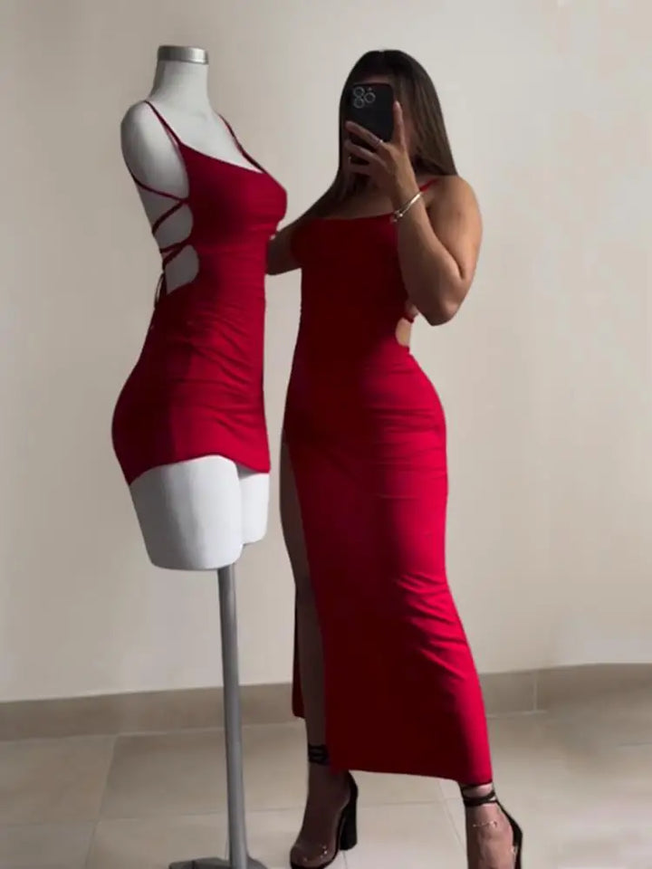 Women's Red & Black Halter Bodycon Midi Dress