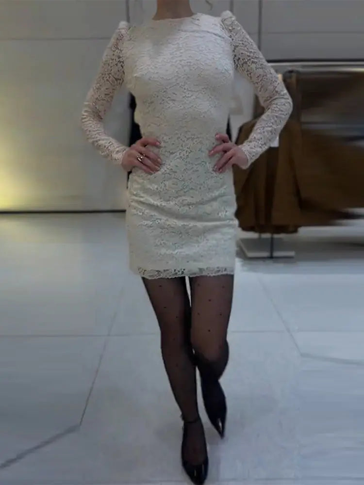 Women Lace Patchwork Short Dress Elegant Backless O-neck Long Sleeve Slim Party Dresses 2025 Autumn Winter New Female Vestidos