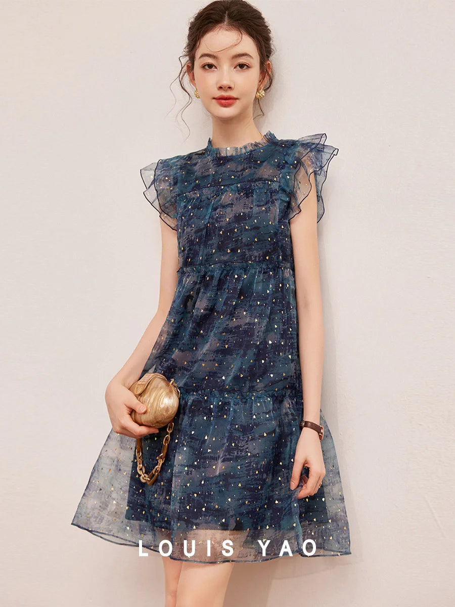 LOUIS YAO Women's Sparkling Mushroom Edge Dress with Flying Sleeves