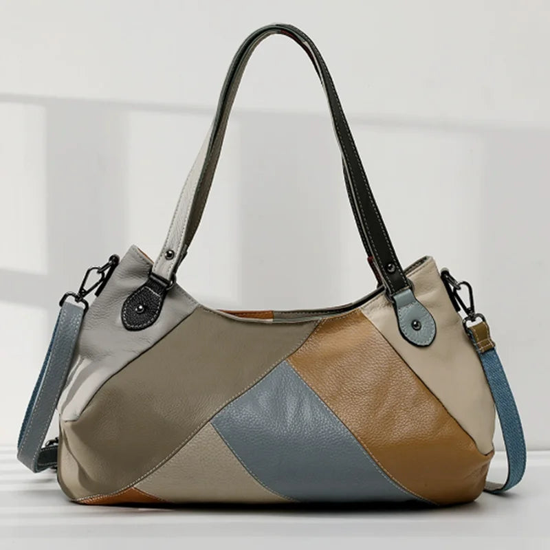 Handcrafted Retro Spliced Cowhide Leather Crossbody and Underarm Bag