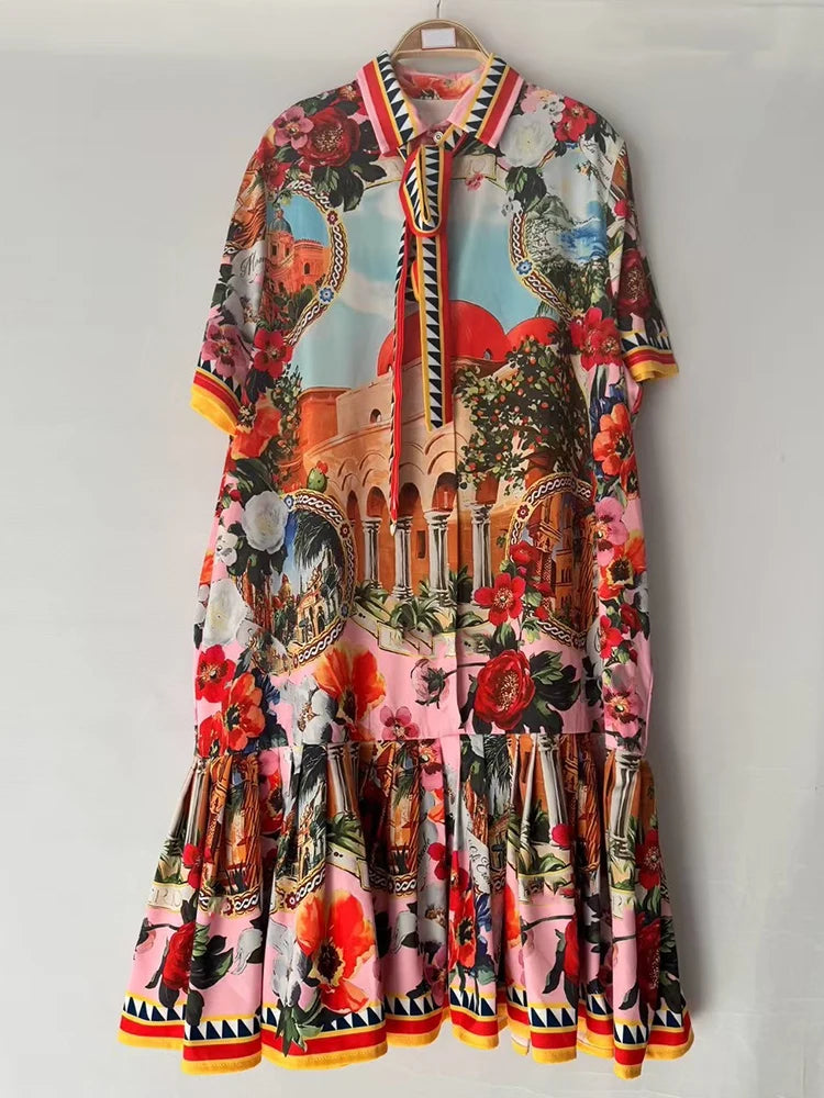 2026 Summer Women's New Fashion Geometric Print Lapel Short Sleeve Loose Dress Stitching Pleated Hem Temperament Straight Skirt.