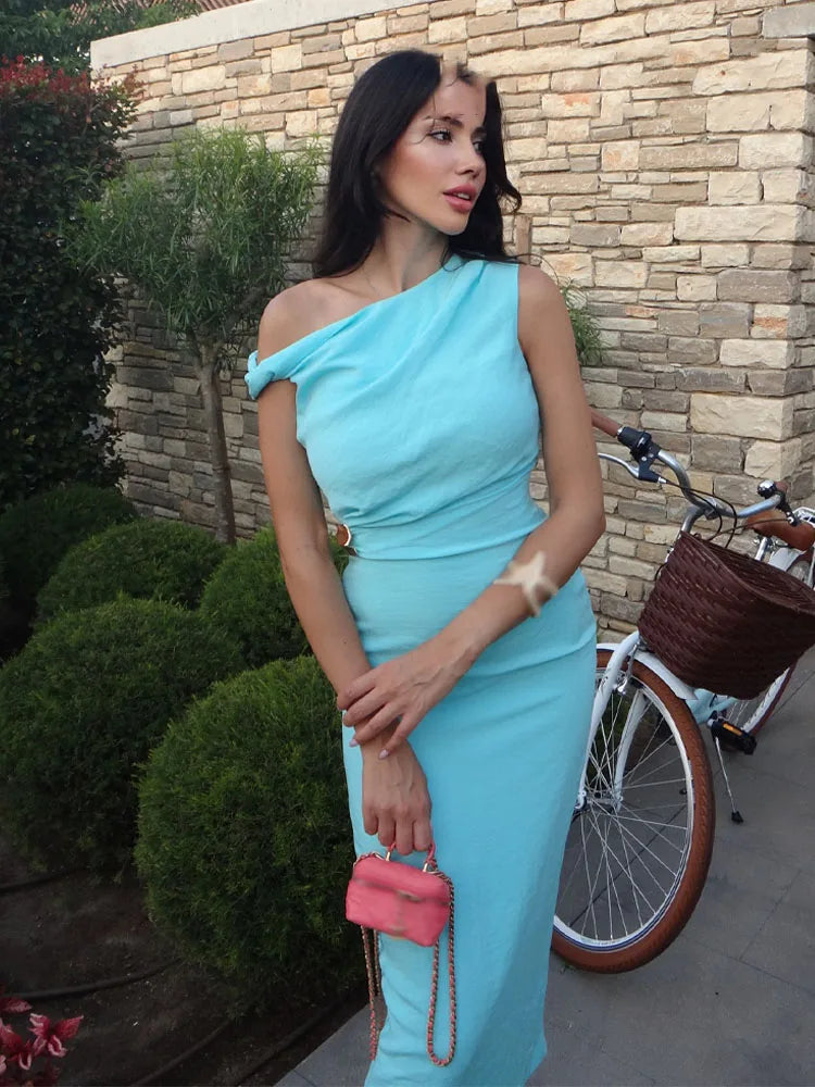 HH Woman's Summer Sexy Fashion Long Dress Solid Sleeveless Asymmetry Dresses Female Holiday Style Slit Slim Chic Dress