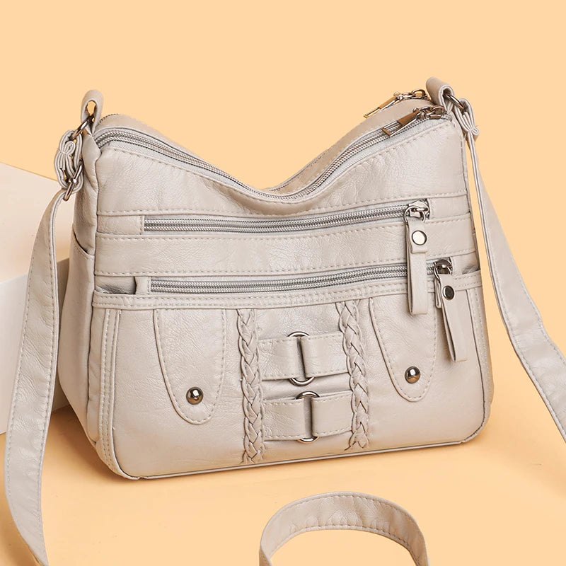 Retro Multi-Pocket Synthetic Leather Crossbody Bag with Adjustable Strap
