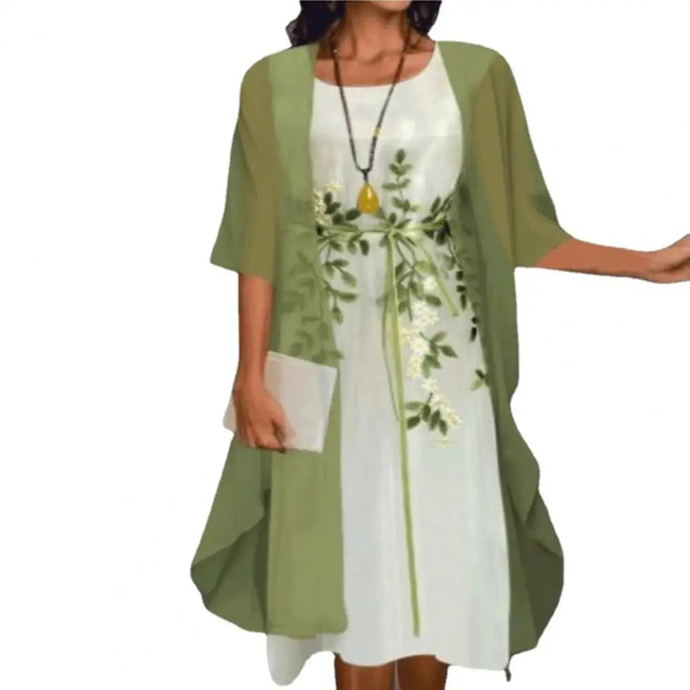 2pcs/Set Spring Summer Dress Women Formal Loose Cardigan Floral Print Large Hem Elegant Chiffon Dress Set Party