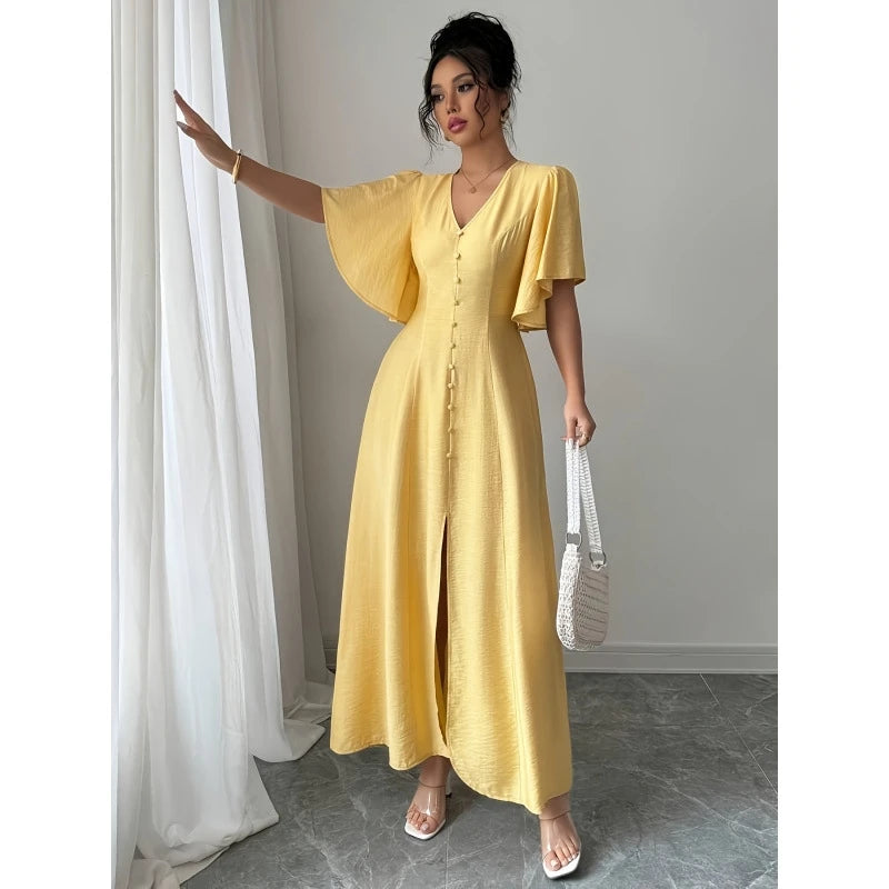 Women's Short Sleeve V-Neck Single Breasted Split Midi Dress