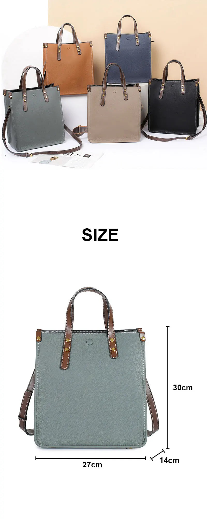 Large Capacity Genuine Cowhide Leather Rectangle Shoulder Bag