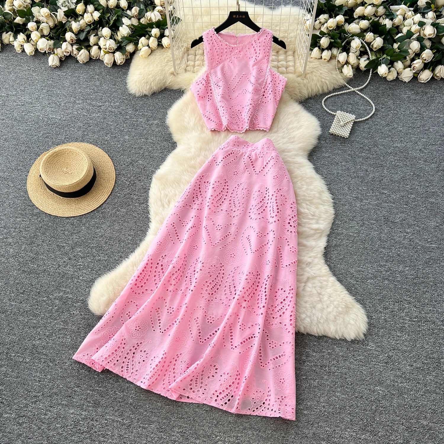SINGREINY Women's Vintage Hook Flower Hollow Top and Long Skirt Set