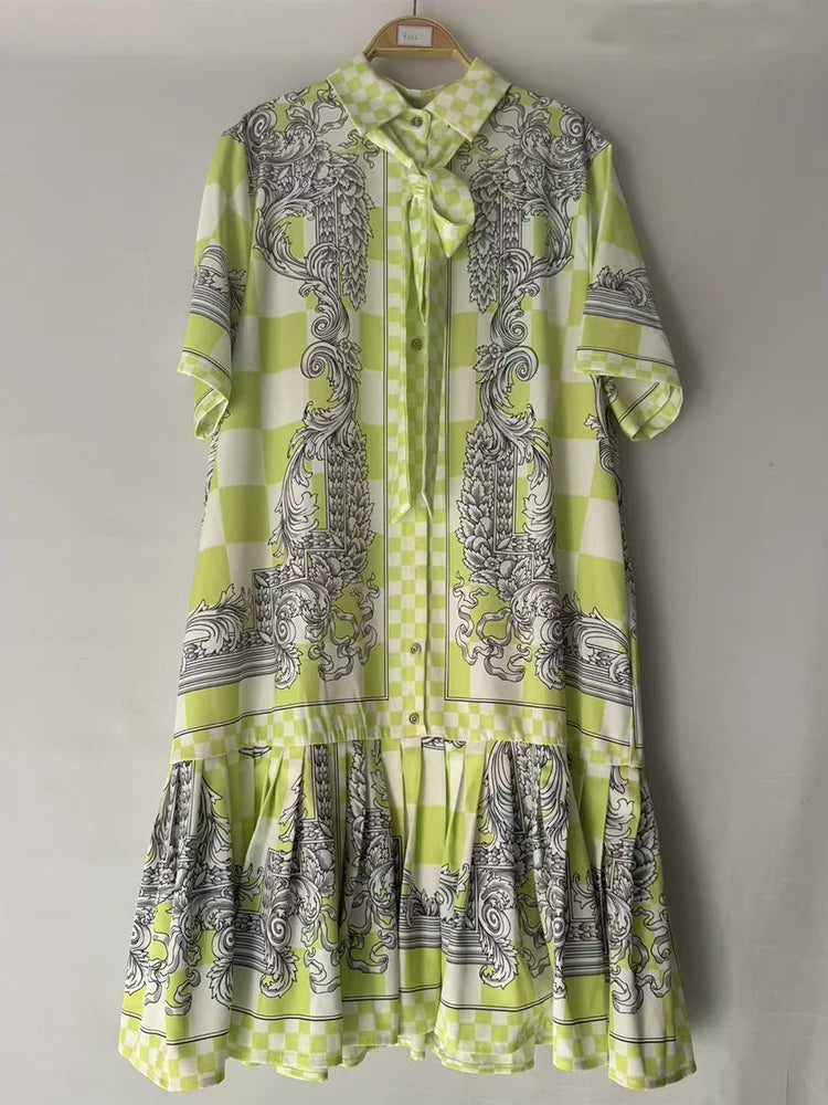 2026 Summer Women's New Fashion Geometric Print Lapel Short Sleeve Loose Dress Stitching Pleated Hem Temperament Straight Skirt.
