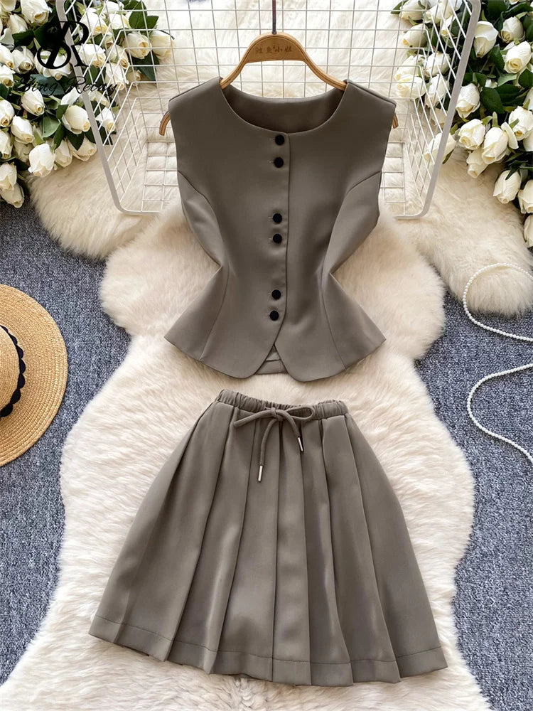 SINGREINY Women's Two-Piece Single Breasted Blouse and Pleated Mini Skirt Set
