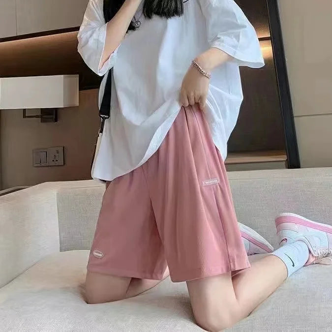 High Waist Ice Silk Sports orts Women's 2024 New Summer Loose Casual Wide Leg Pants Five-Quarter Length Korean Sle