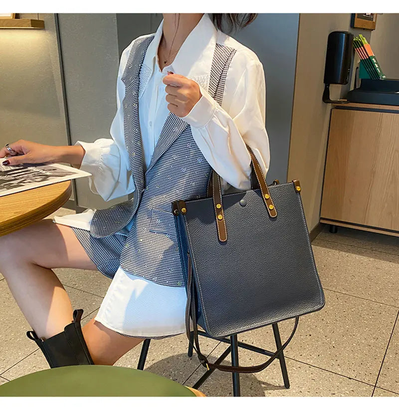 Large Capacity Genuine Cowhide Leather Rectangle Shoulder Bag