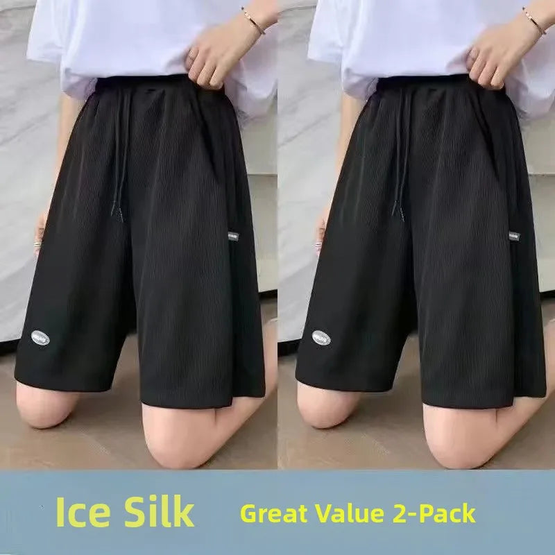 High Waist Ice Silk Sports orts Women's 2024 New Summer Loose Casual Wide Leg Pants Five-Quarter Length Korean Sle