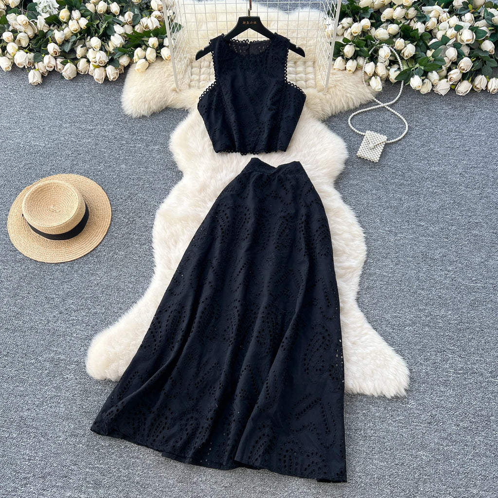SINGREINY Women's Vintage Hook Flower Hollow Top and Long Skirt Set