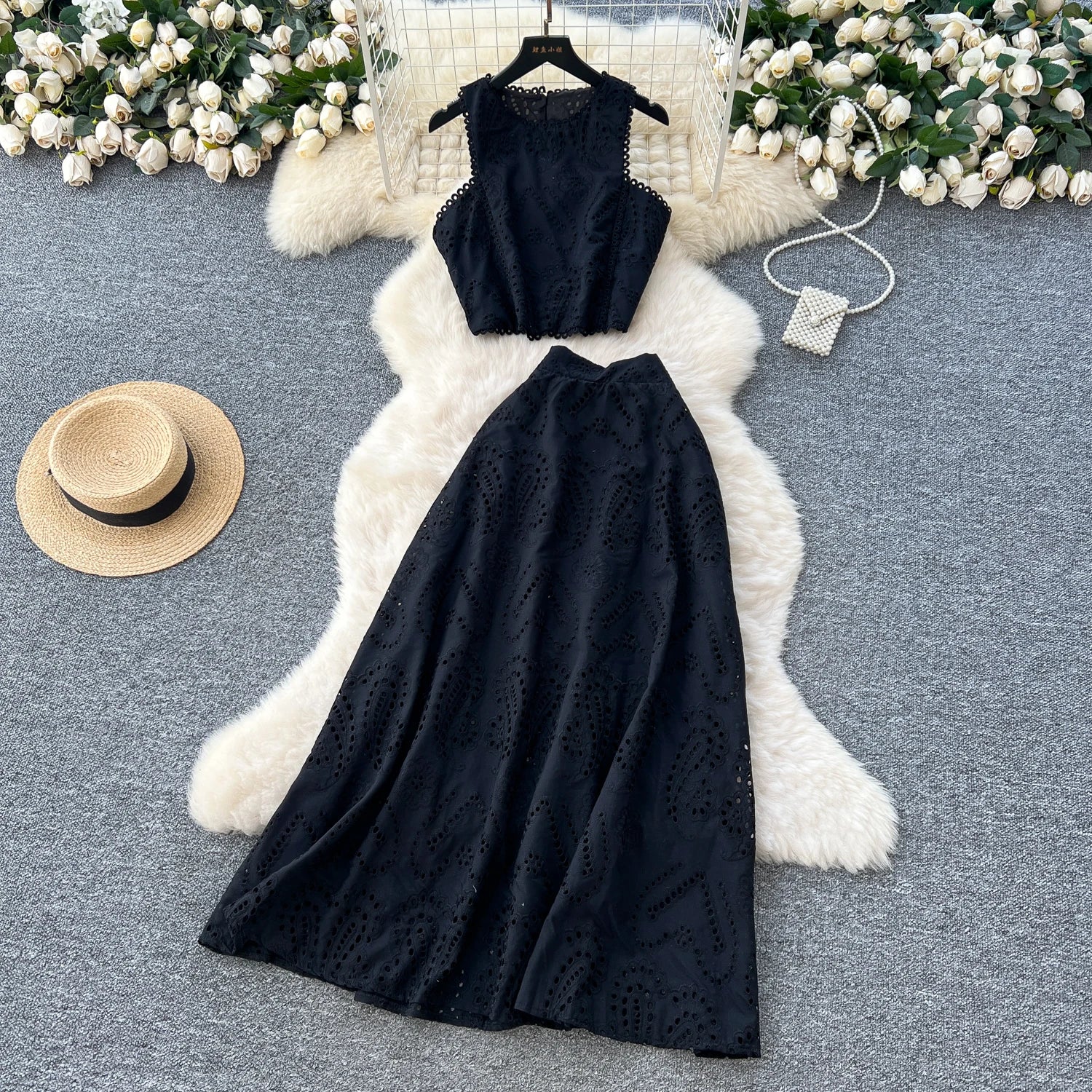SINGREINY Women's Vintage Hook Flower Hollow Top and Long Skirt Set