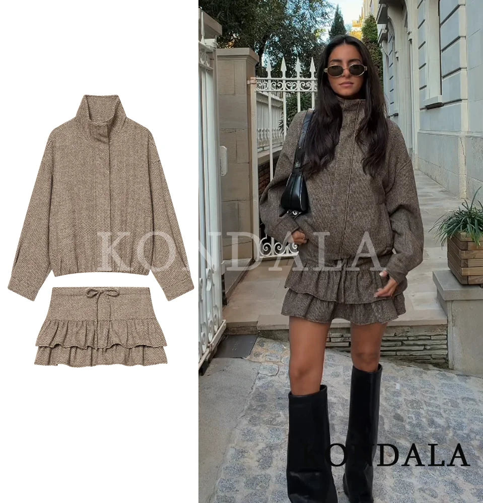 Women's Stand-Collar Jacket & Pleated Skirt Set