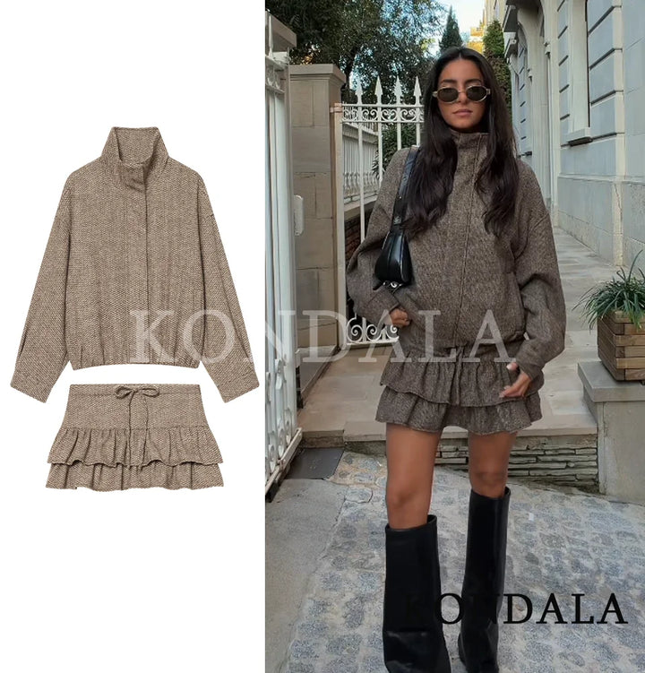 Women's Stand-Collar Jacket & Pleated Skirt Set