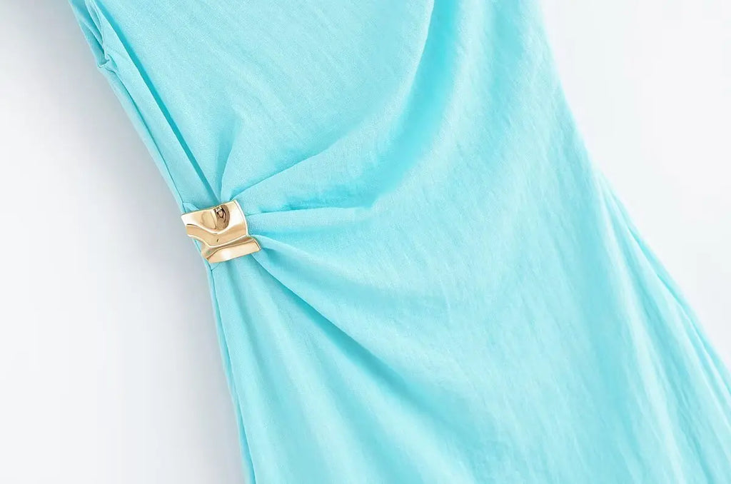 KONDALA Light Blue One-Shoulder Pleated Asymmetric Dress