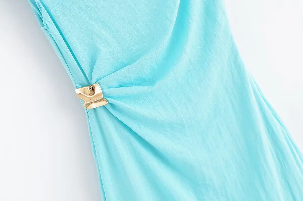KONDALA Light Blue One-Shoulder Pleated Asymmetric Dress