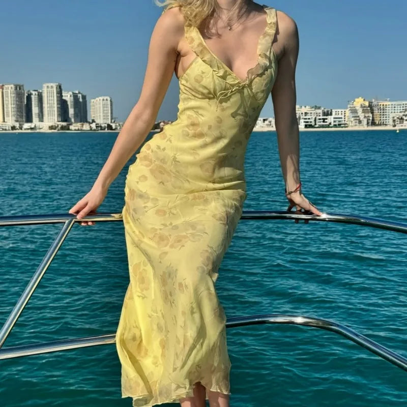 Women's Backless Ruffle Maxi Dress – Vacation Style