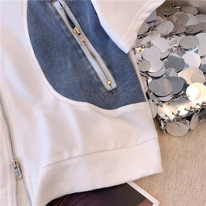 Women's Two-Piece Set: Stitched Zipper T-Shirt and Jeans