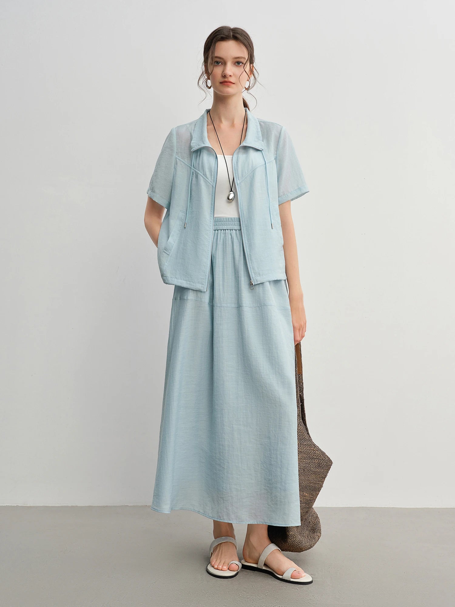 DUSHU Textured Set: Tie Collar Zip Top and Flowy Skirt