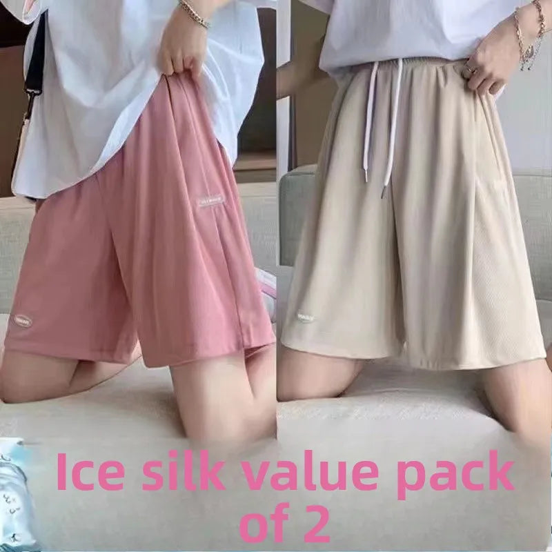 High Waist Ice Silk Sports orts Women's 2024 New Summer Loose Casual Wide Leg Pants Five-Quarter Length Korean Sle