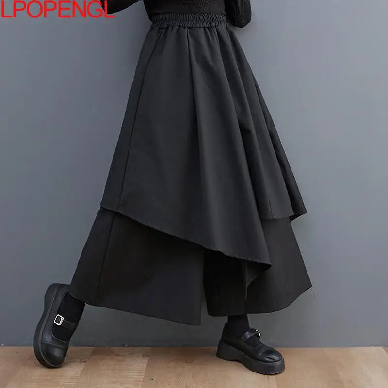 Solid Color Gothic Wide-leg Pants Women's 2026 Spring And Summer New Asymmetrical Hakama All-match Oversized Nine-point Pants