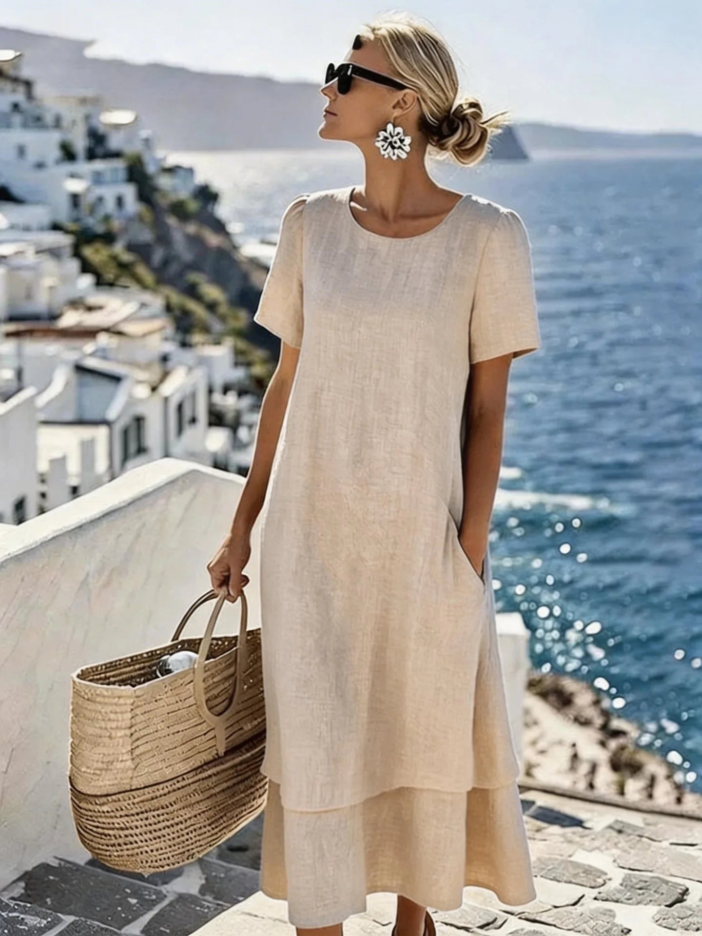 Women's Casual Loose Solid Color A-Line Midi Dress